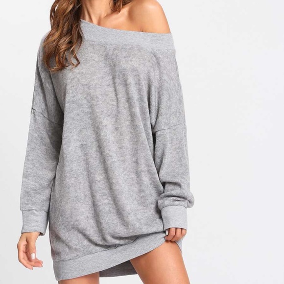 oversized grey off shoulder knit sweater dress - Picture 6 of 6